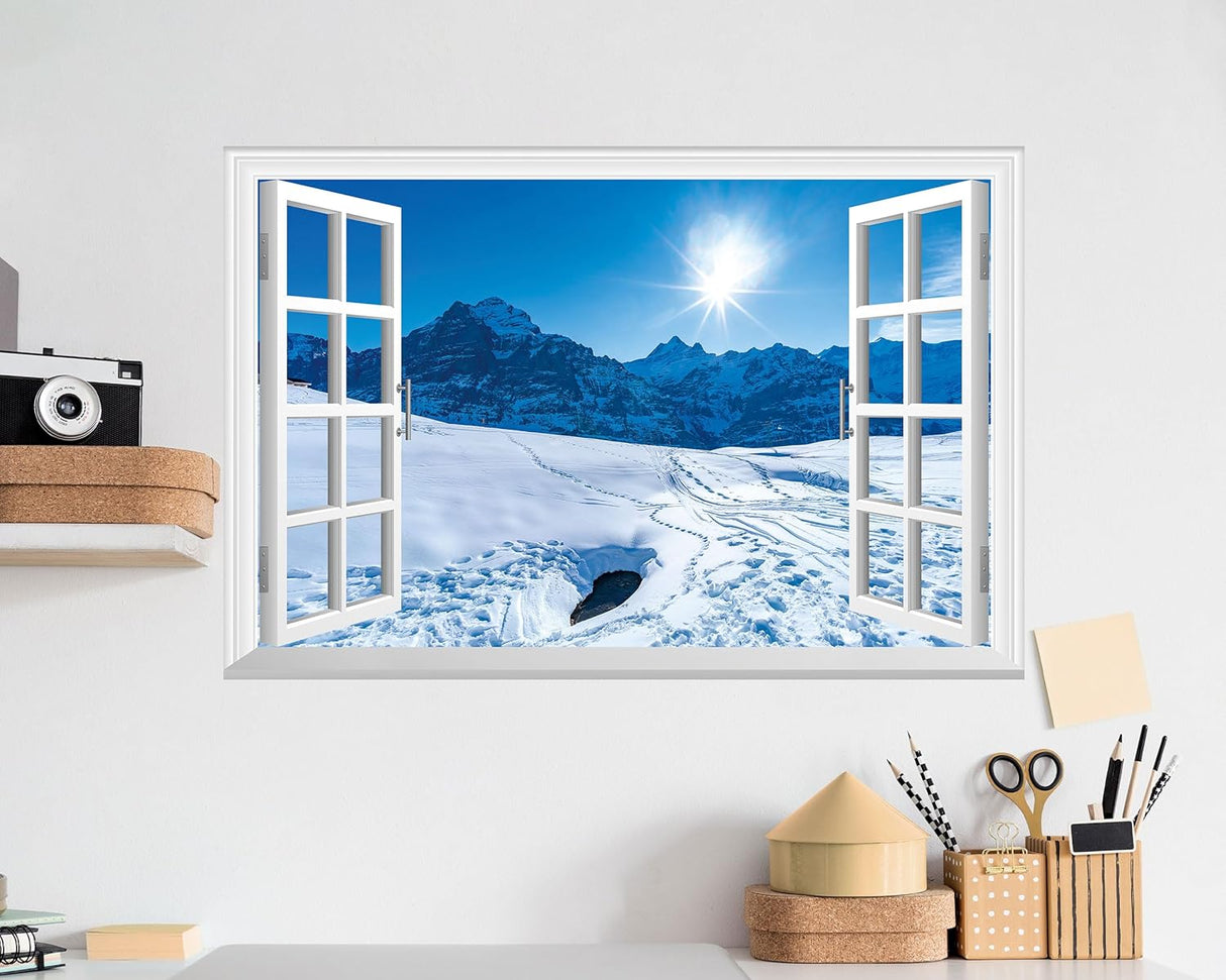 Adhesivo de pared falso para ventana mural de pared de nieve de invierno para decoración de pared, calcomanías de pared para pegar y despegar, 24 x 16 pulgadas