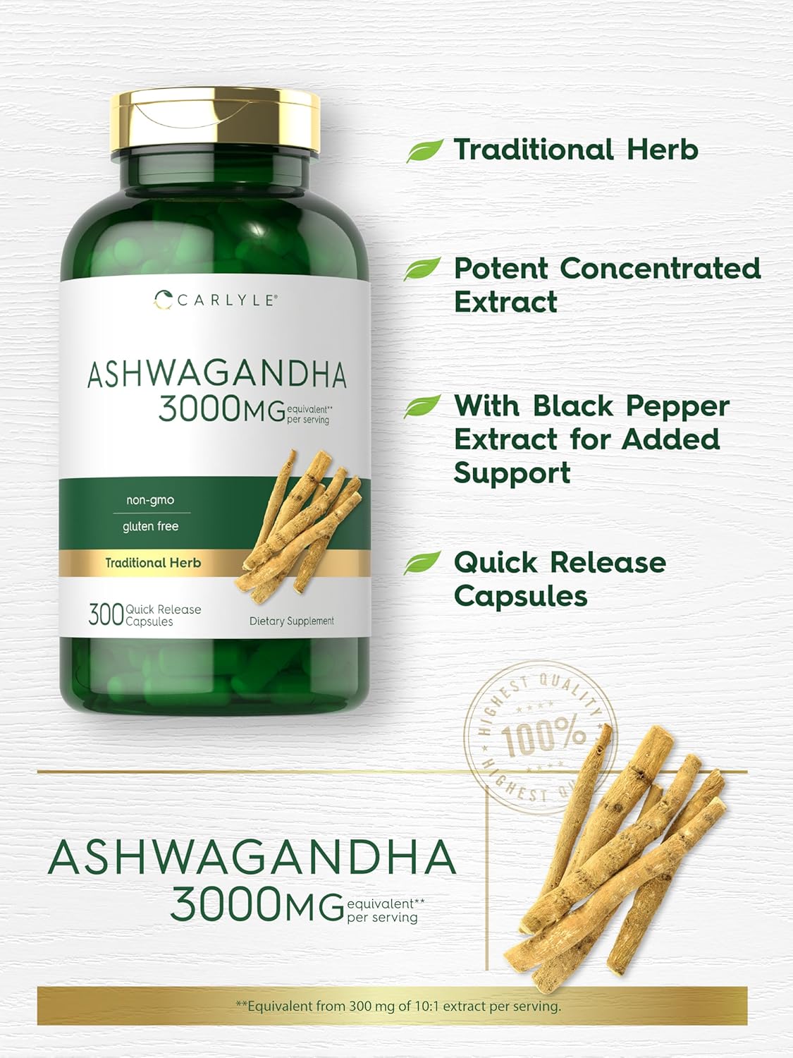 Suplemento de Ashwagandha 3000mg Carlyle, 300 cápsulas, No GMO