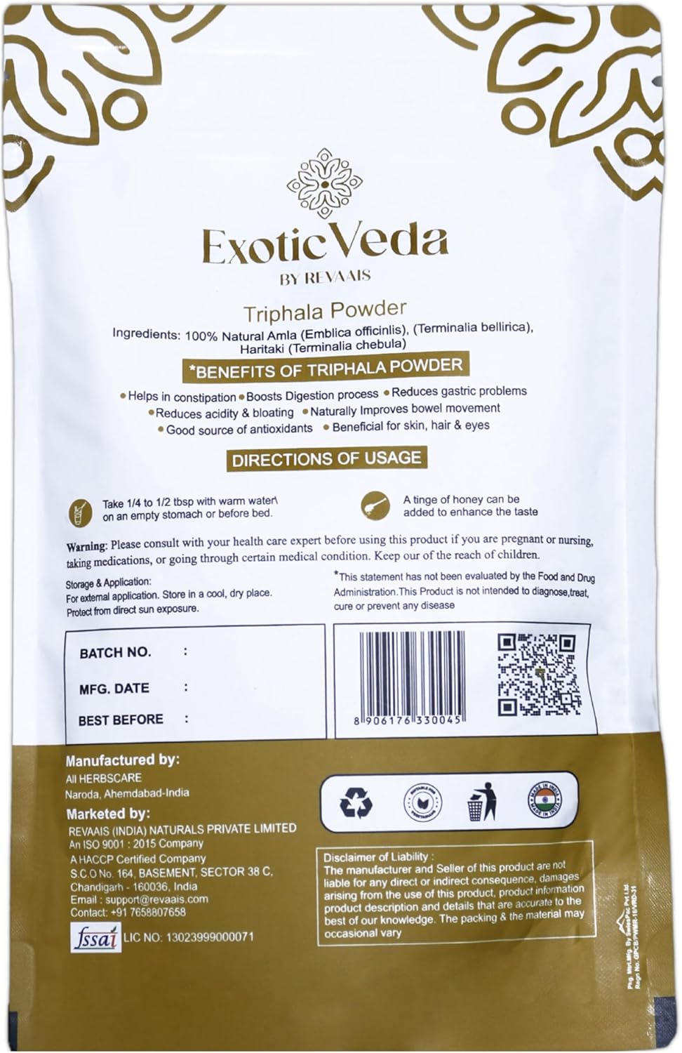 Polvo Orgánico de Triphala - Organic India - 100g Detoxificante