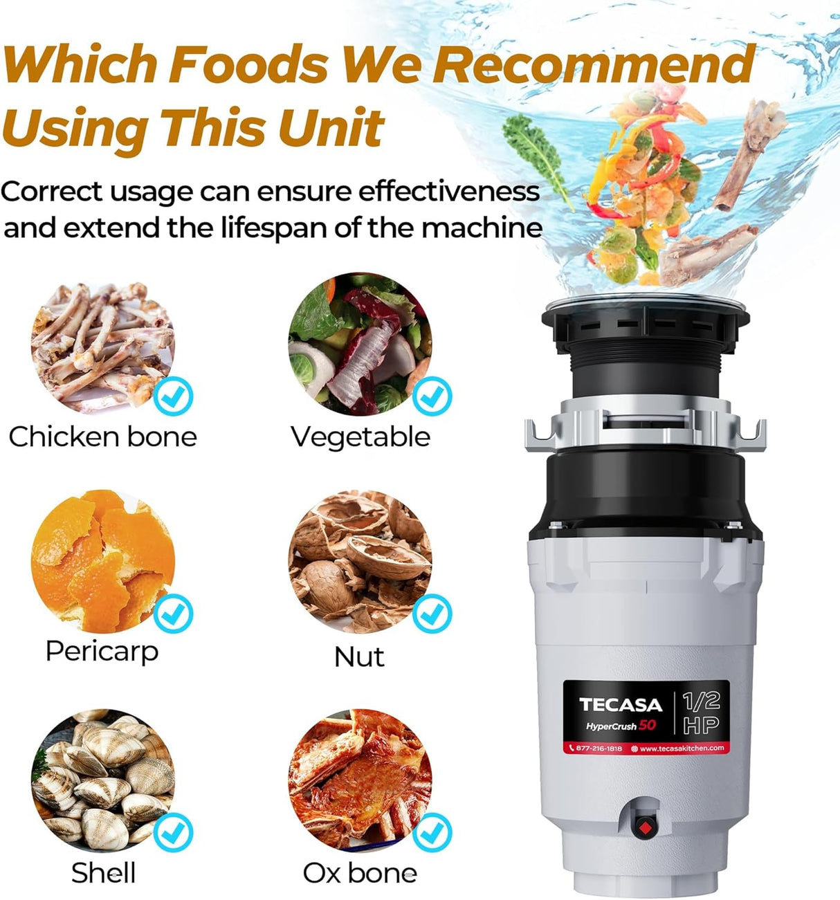 Triturador de Basura 1/2 HP, TECASA, Acero Inoxidable, HyperCrush 50