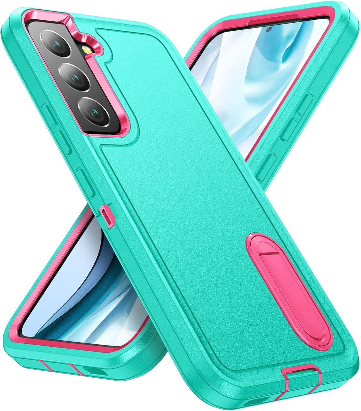 BaHaHoues Funda para Samsung Galaxy S22, Samsung S22 con soporte integrado, a prueba de golpes, polvo y caídas, de grado militar, funda protectora para Galaxy S22 5G de 6.1 pulgadas (azul aguamarina/rosa)