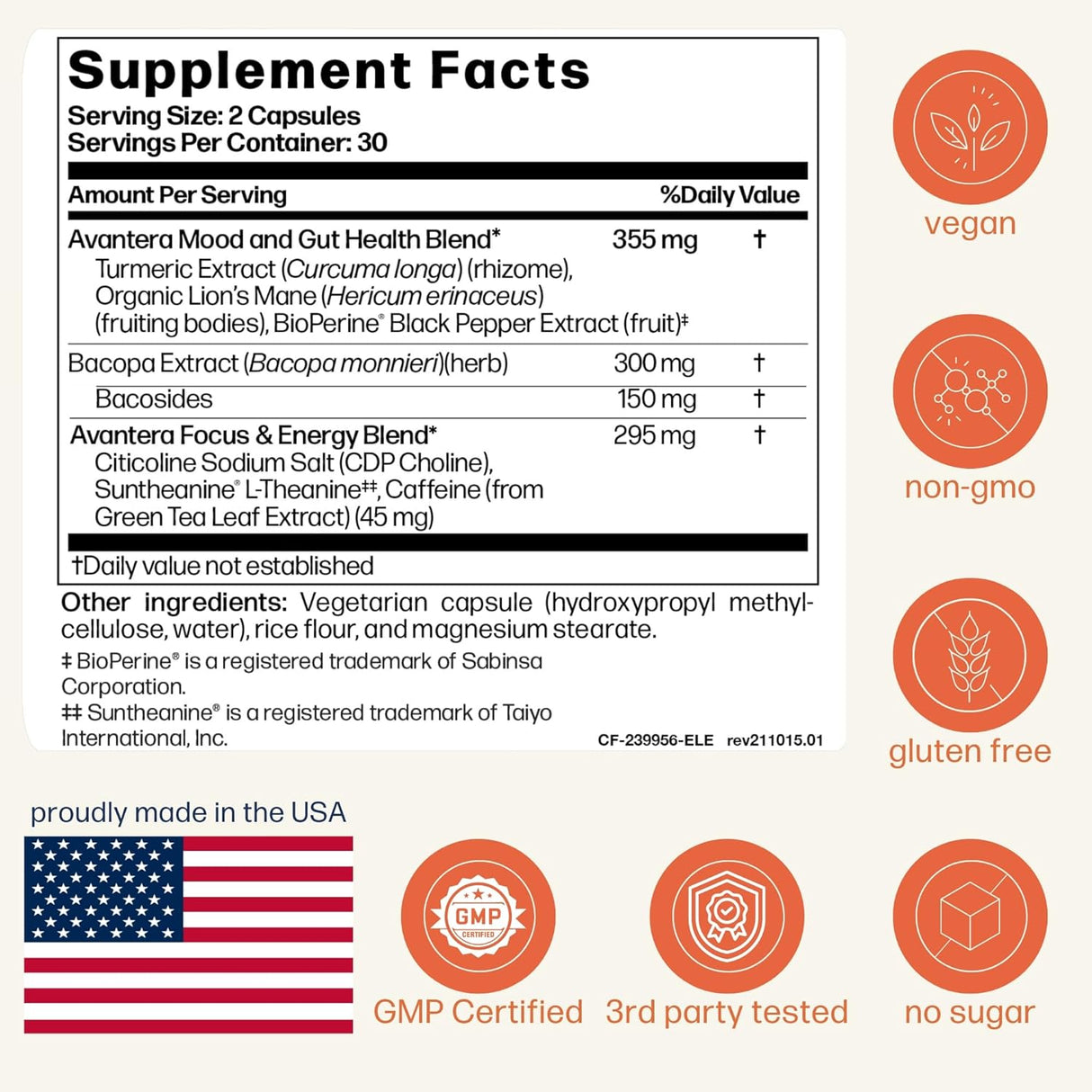 Suplemento Nootrópico Avantera Elevate - Energía y Enfoque 60c