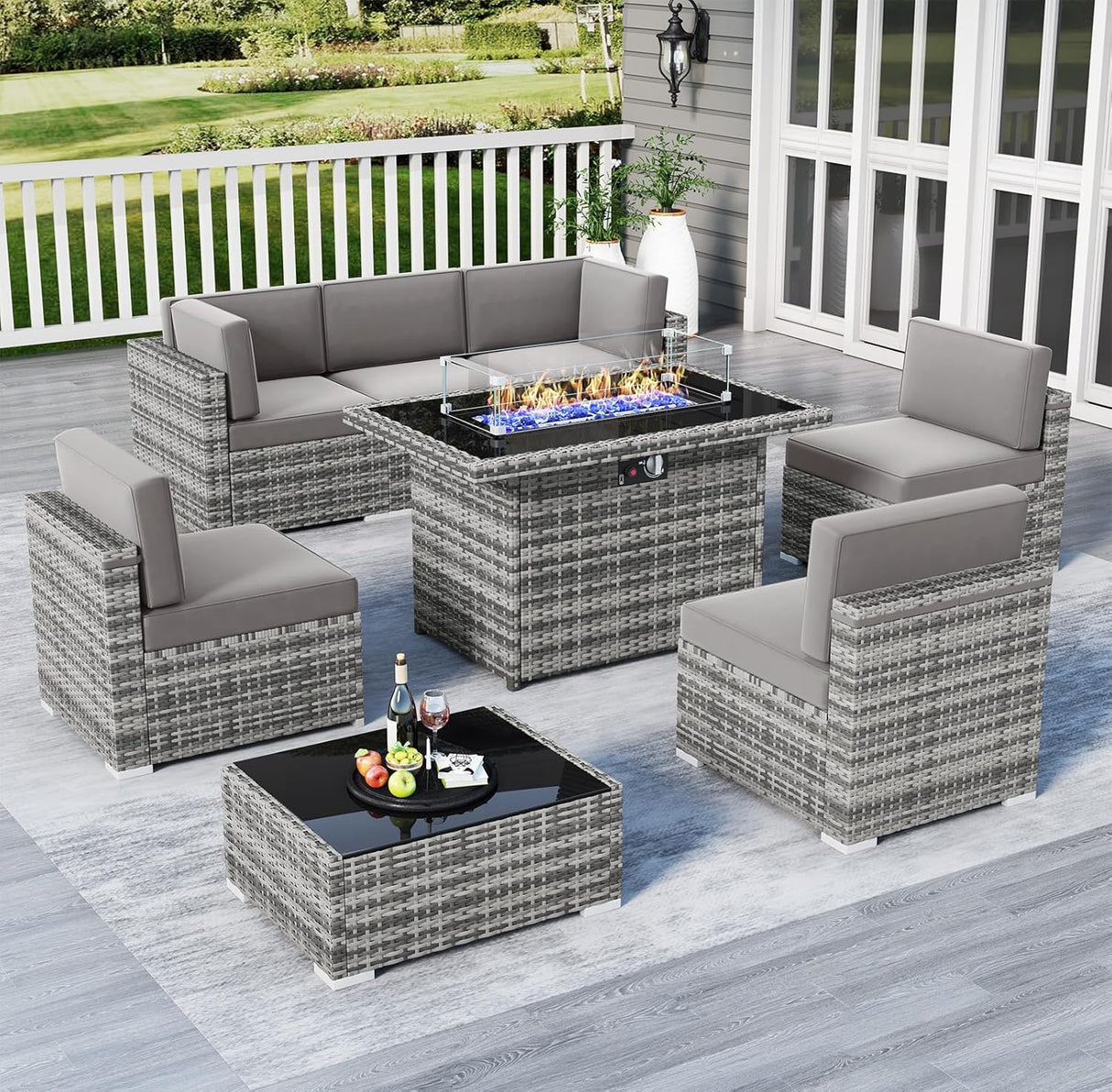 LayinSun Juego de muebles de patio de 8 piezas con mesa de fuego de gas propano de 44 pulgadas, juego de conversación seccional al aire libre, juego de sofá de mimbre de ratán con mesa auxiliar de almacenamiento y mesa auxiliar