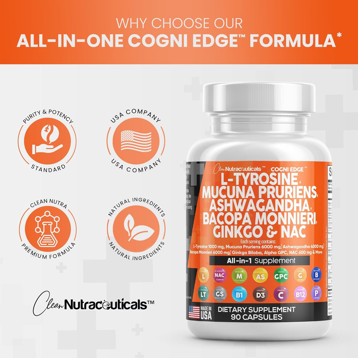 Suplemento Clean Nutraceuticals L Tirosina 1000mg Mucuna