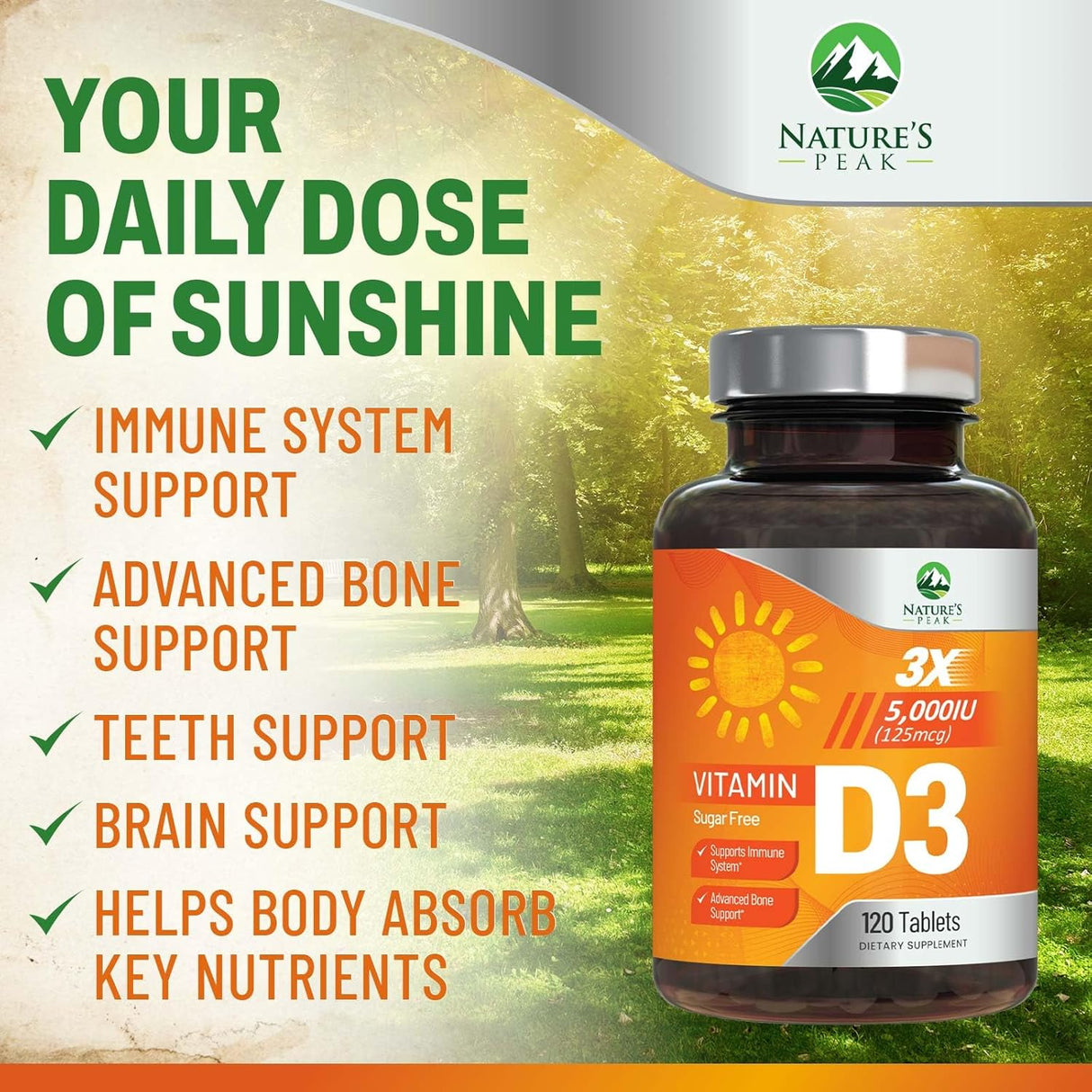 Suplemento de Vitamina D3 5000 IU - Alta Potencia, 120 Tabletas
