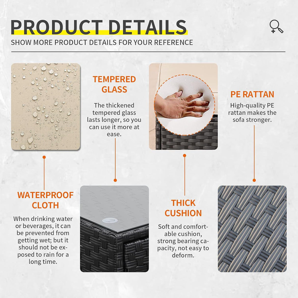 Lviden Juego de muebles de mimbre PE para exteriores, 7 piezas, juego de sofá de conversación seccional de ratán para patio, con cojines caqui y mesa superior de vidrio