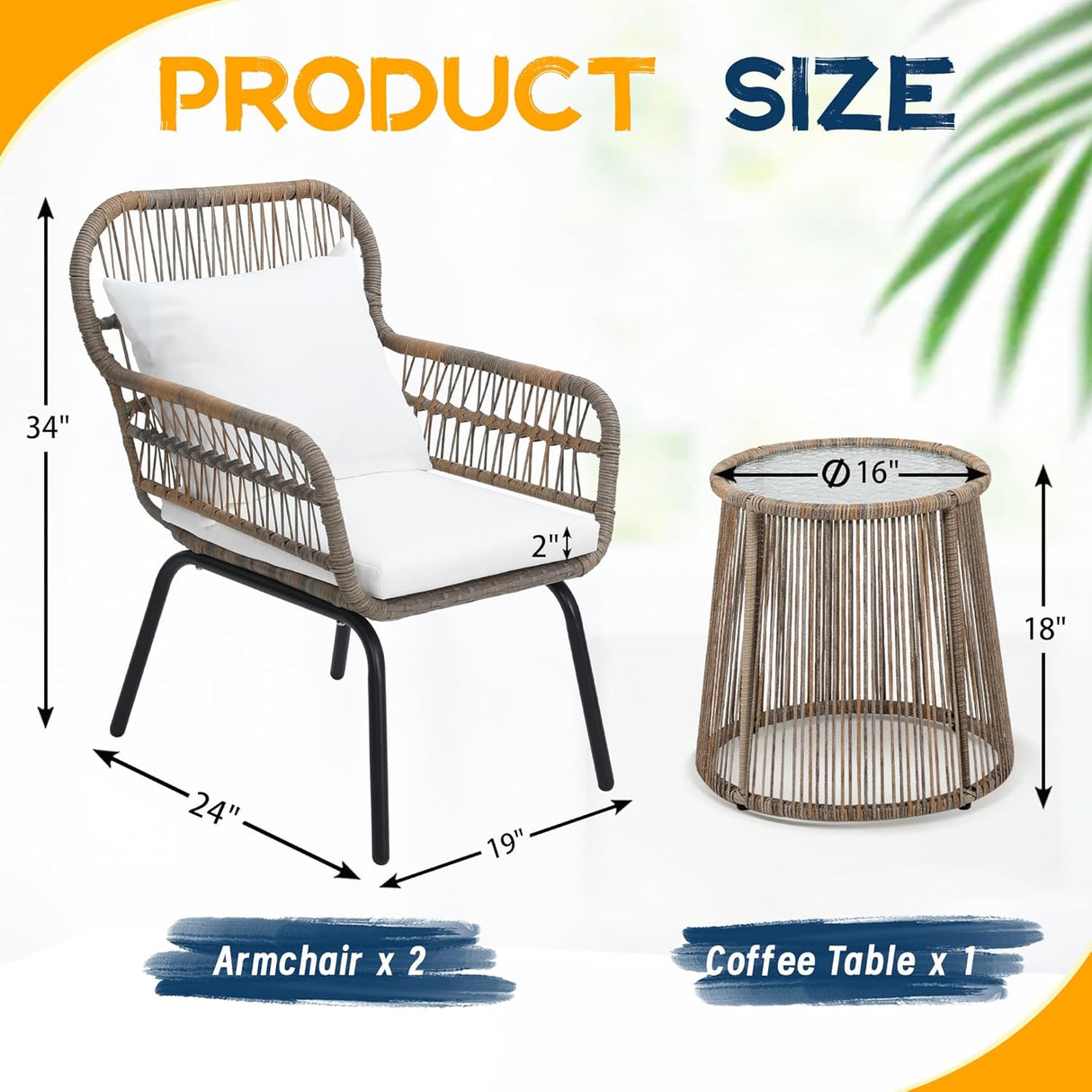 Wildformers Juego de 3 piezas de mimbre de mimbre, juego de conversación al aire libre, juego de muebles de mimbre con mesa superior de cristal, ahorro de espacio para balcón, patio trasero, natural