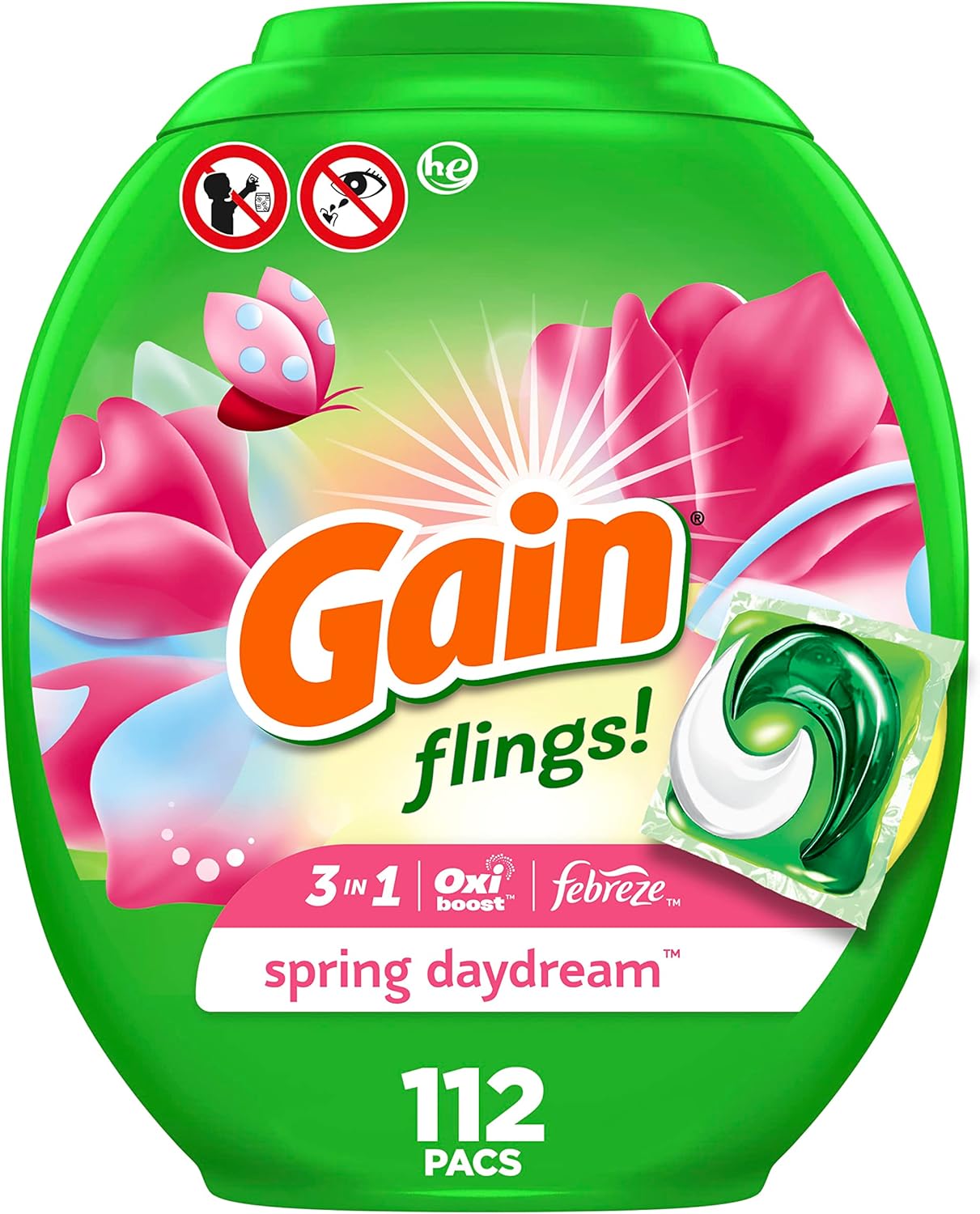 Gain flings Laundry Detergent Soap Pacs HE Compatible 112 ct Long Lasting Scent Spring Daydream