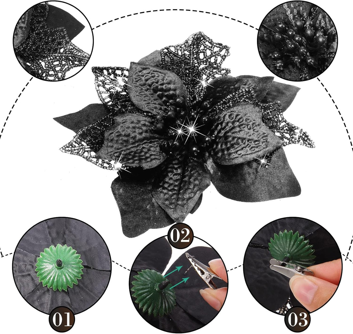 Flores Artificiales Poinsettia Glitter, WILLBOND, 36 Piezas