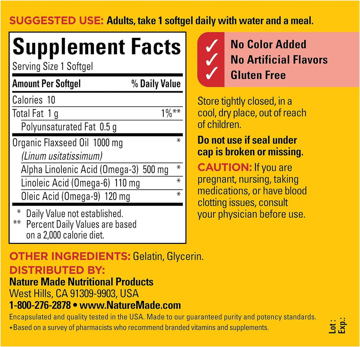 Aceite de Linaza 1000 mg Nature Made, Omega 3, 100 Softgels