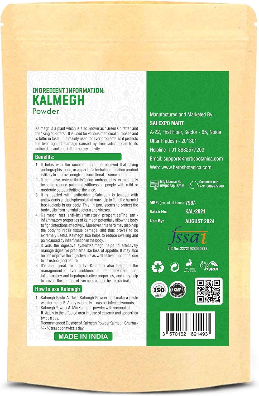 Polvo orgánico de Kalmegh Andrographis Paniculata | Salud inmunológica | Ayuda a desintoxicar el hígado | Hierba amarga para la salud y apoyo respiratorio