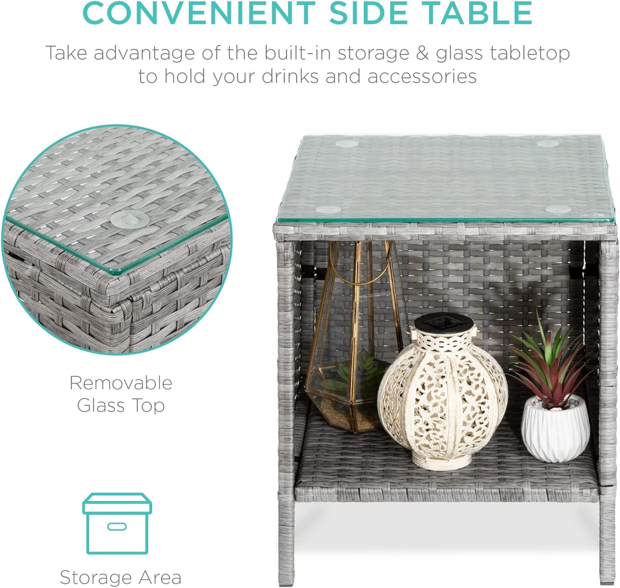 Best Choice Products Juego de 3 piezas de mimbre para exteriores, muebles de patio que ahorran espacio para patio, jardín con 2 sillas, 2 cojines, mesa de almacenamiento lateral, gris/negro