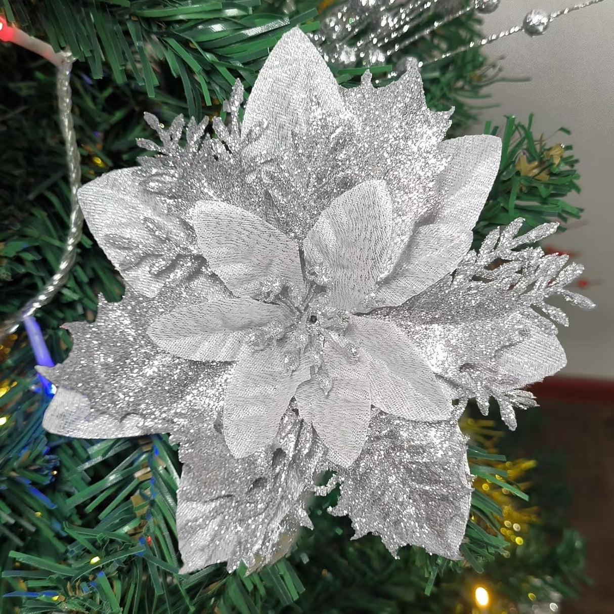 Flores Artificiales Poinsettia, Decoración Navideña, 15 Pcs