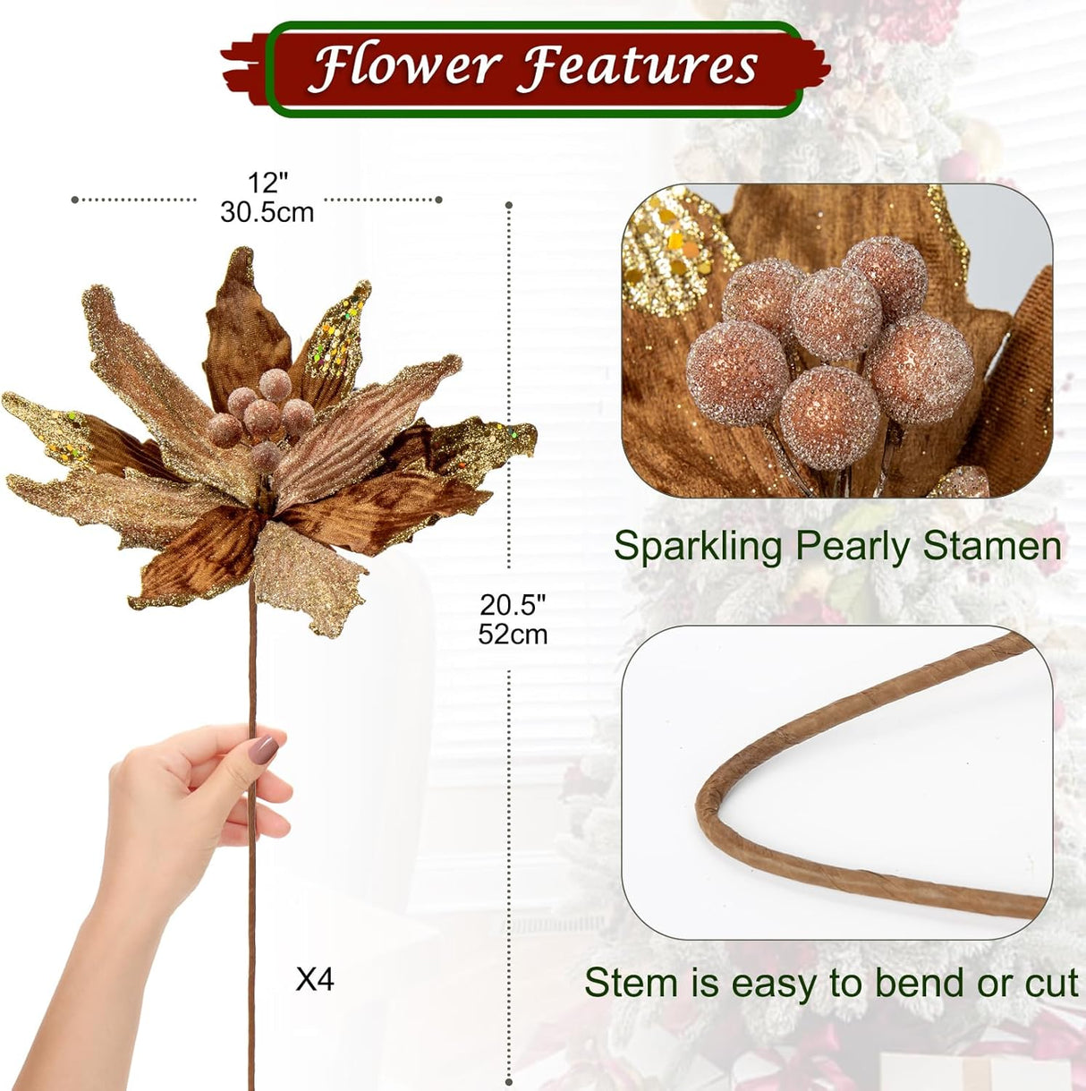 Flores Artificiales Poinsettia para Árbol de Navidad, Set 4