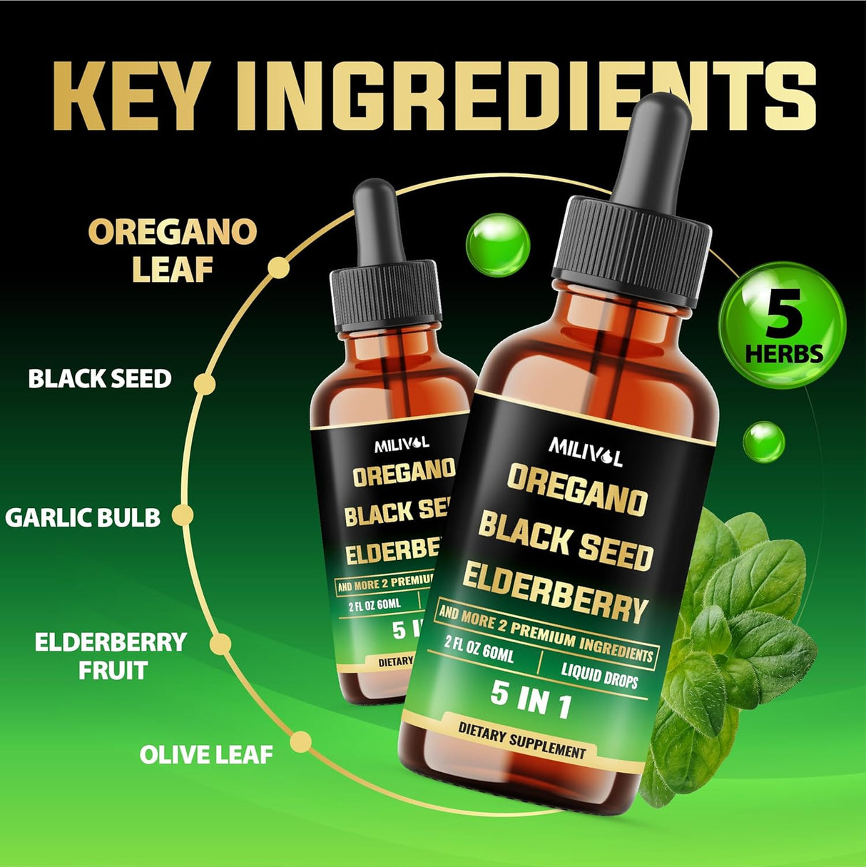 Oregano Oil Líquido 5en1 con SemillaNegra, Elderberry, Ajo, Olivo 2oz