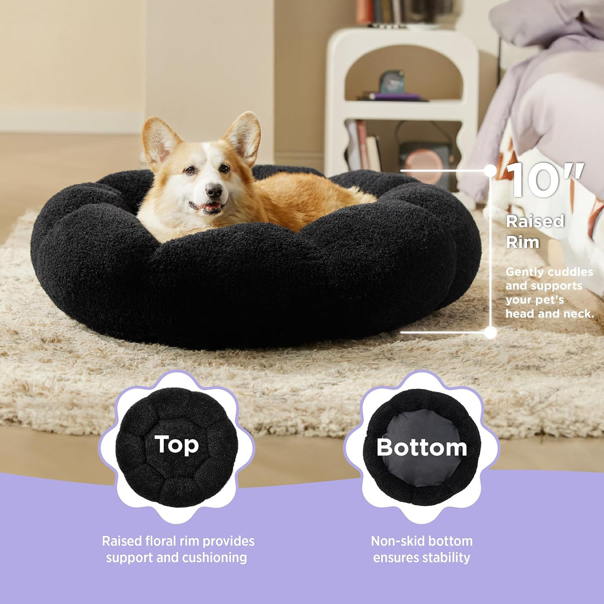 Cama grande calmante para perros de dona de flores en sherpa