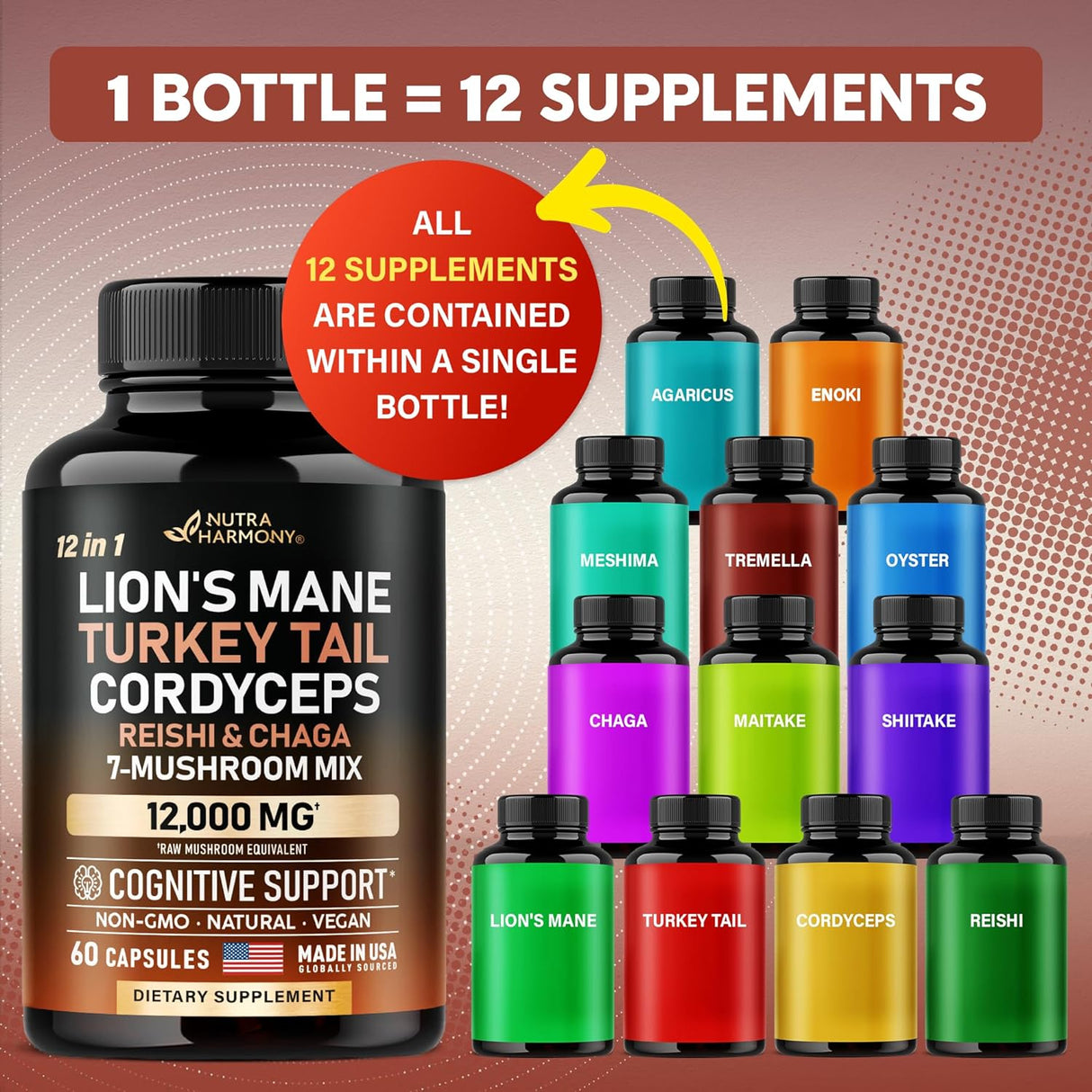 Suplemento de hongos orgánicos 12 en 1 Hecho en EE. UU