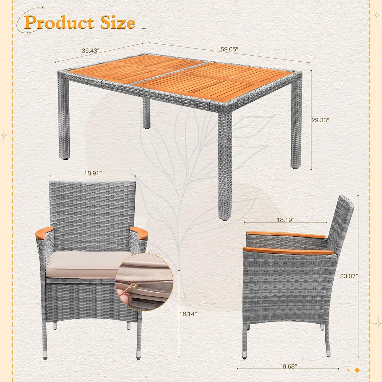 Flamaker Juego de comedor de patio de 7 piezas, mesa y sillas de madera de acacia para exteriores con cojines suaves, muebles de patio de mimbre para terraza, patio trasero, jardín (gris)