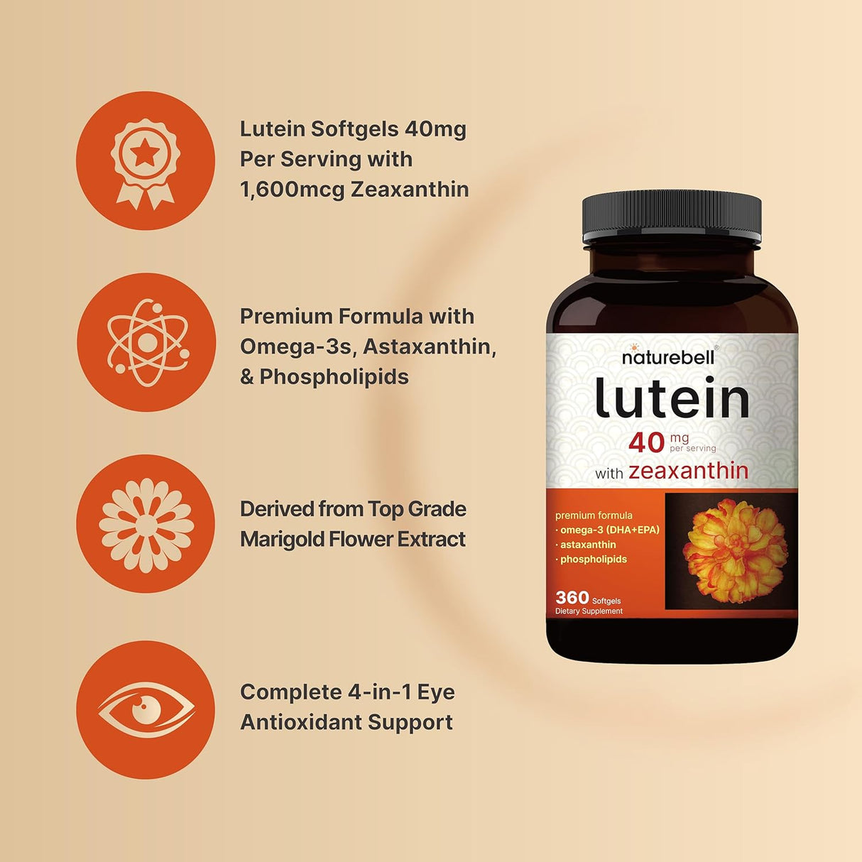 Luteína 40 mg y zeaxantina 1,600 mcg por porción, 360 cápsulas blandas | 4 en 1 con omega-3, astaxantina y fosfolípidos - Extracto de flor de caléndula - Vitaminas antioxidantes para los ojos - Sin