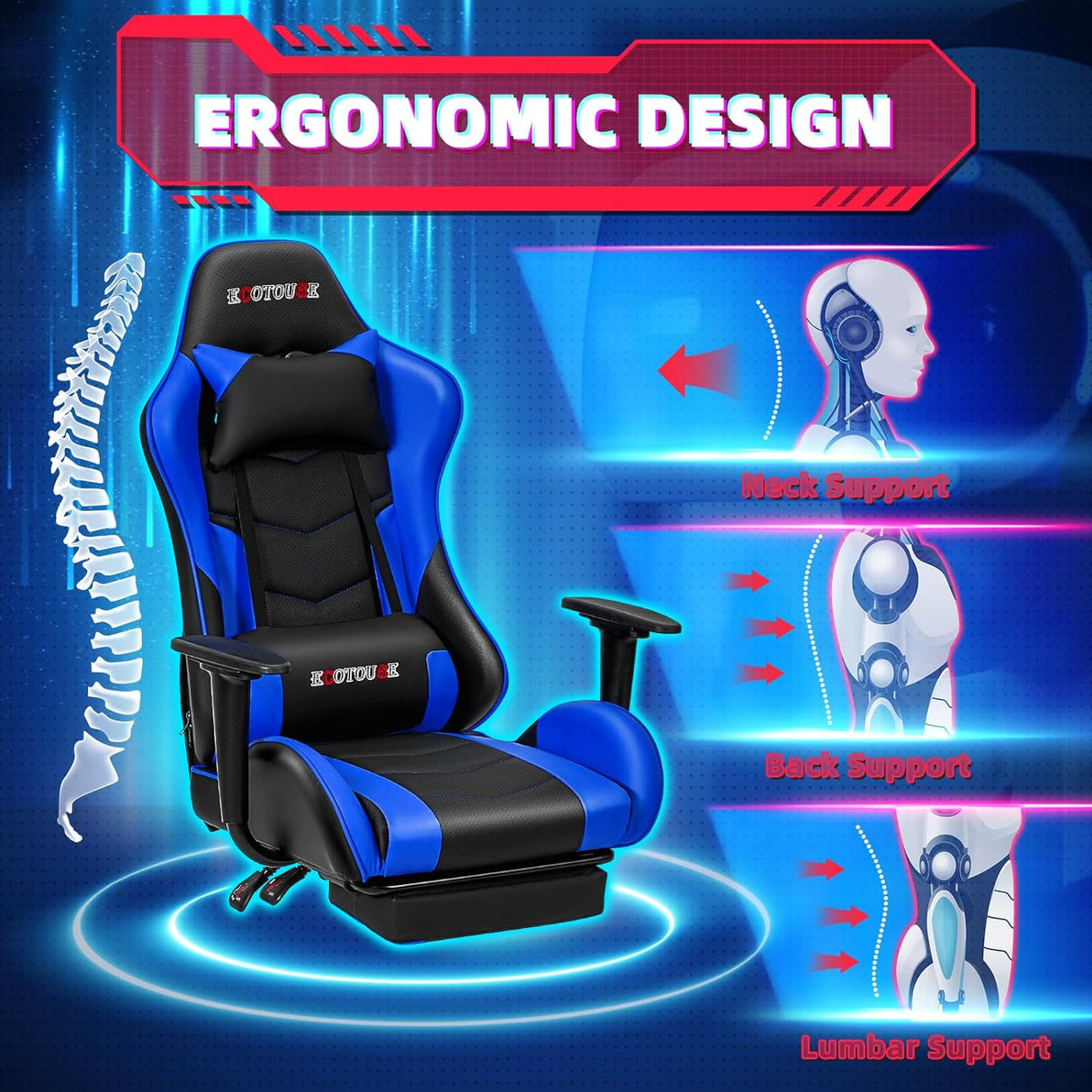Silla Gamer ergonómica para escritorio, Azul ECOTOUGE