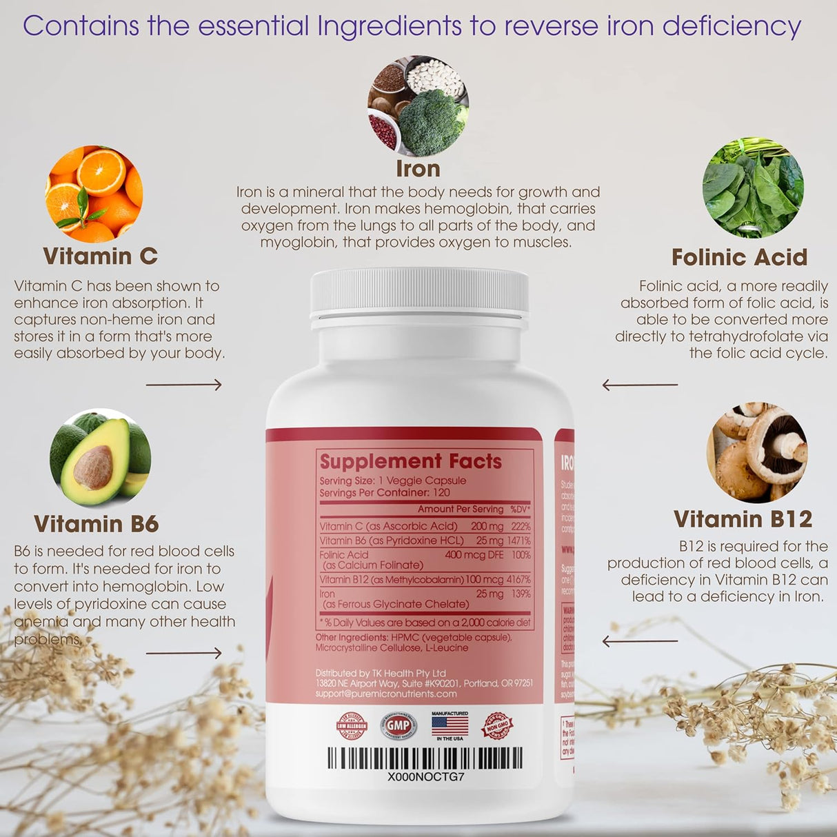 Suplemento de hierro + micro nutrientes puros ferroso