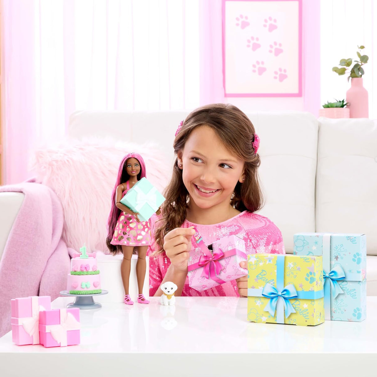 Barbie Party Muñeca y Accesorios, Serie Cumpleaños, 10 Sorpresas