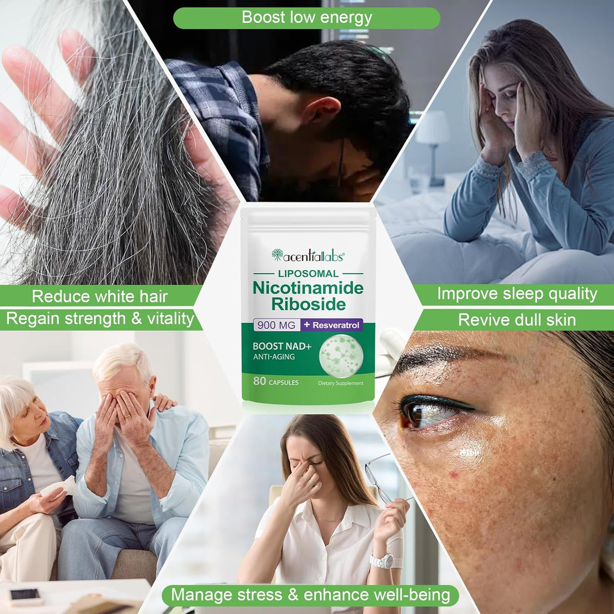 Suplemento NAD+, Nicotinamida Ribósido 900mg, 80 Cápsulas