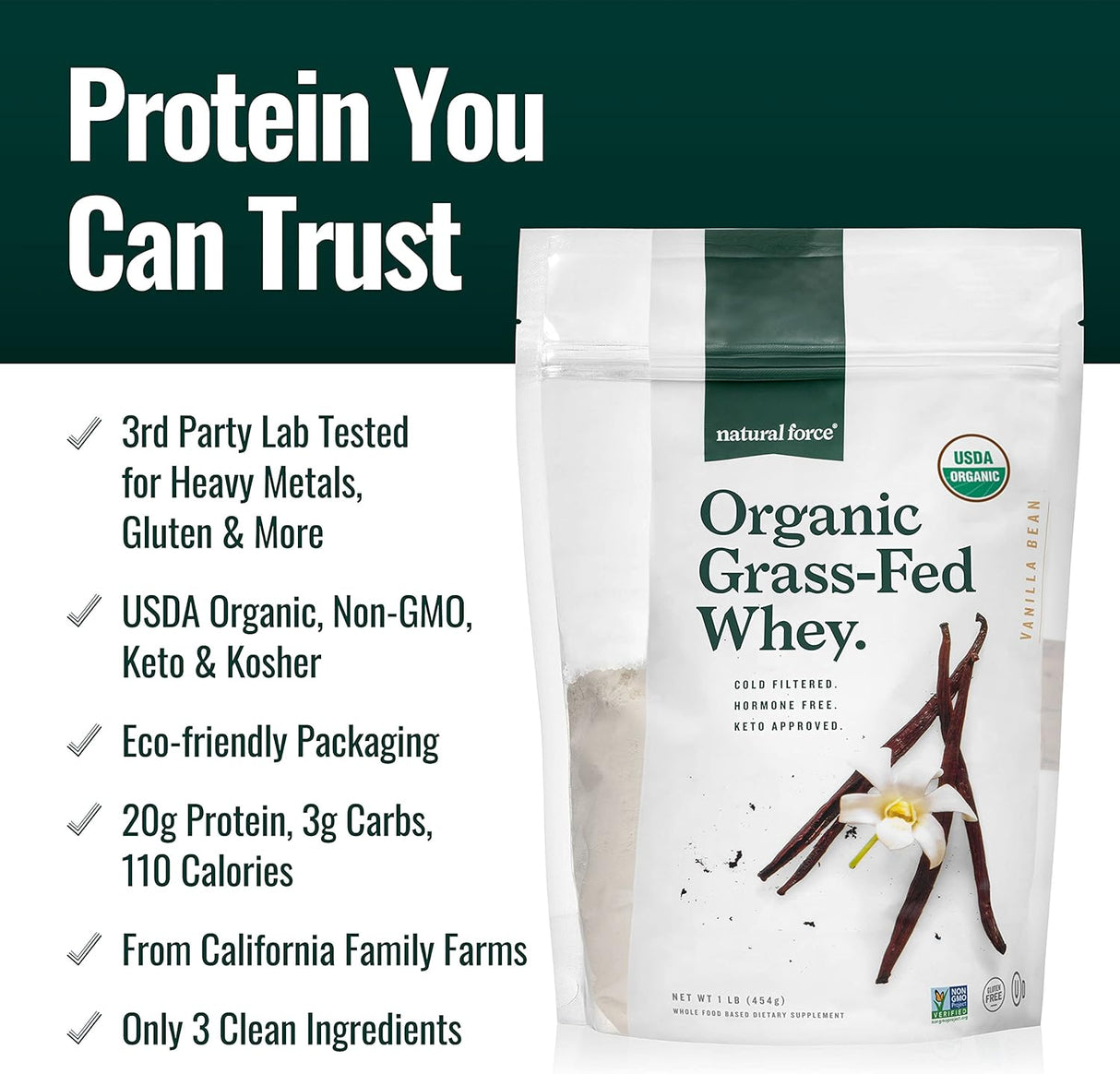 Proteína de Suero Natural Force - Orgánica, A2, 16 oz