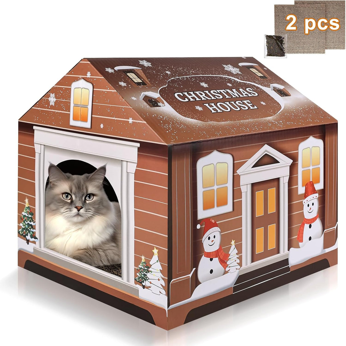 Casa de Cartón para Gatos, incluye Rascador y Catnip, 14x14x13