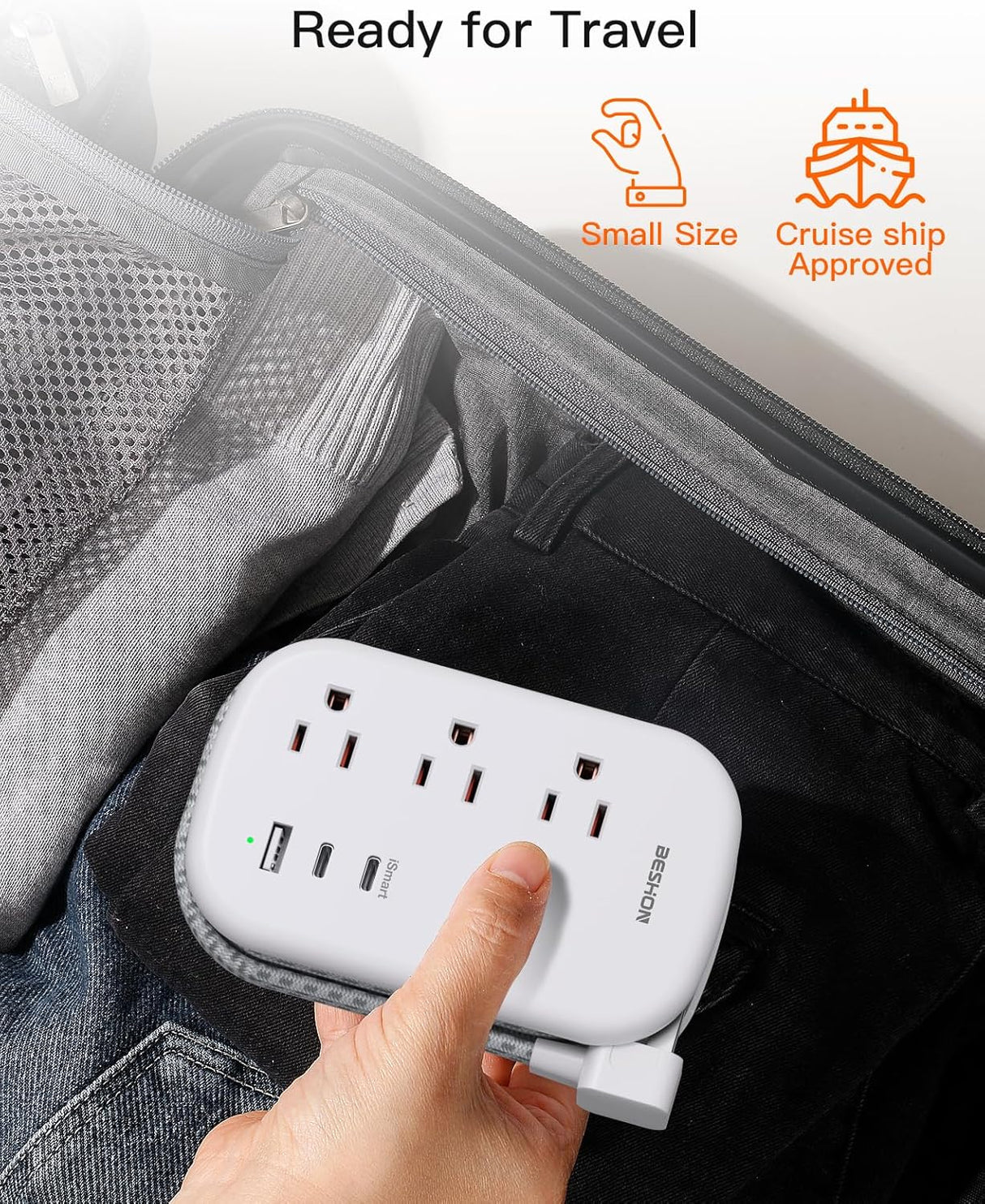 Tira de alimentación USB C de viaje, cable de extensión ultra plano, regleta de alimentación de enchufe plano, 3 salidas con 3 puertos USB (2 USB C), cable de extensión envuelto de 3.2 pies para