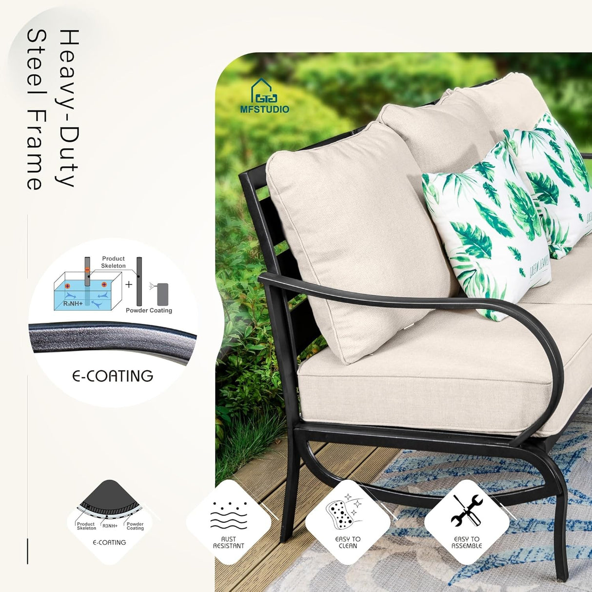 MFSTUDIO Juego de muebles de patio de 6 piezas con mesa de fogata de gas de 45 pulgadas (hasta 7 asientos), sofás de conversación de metal para exteriores con 1 sofá de 3 asientos, 2 sofás sillas y 2 otomanas