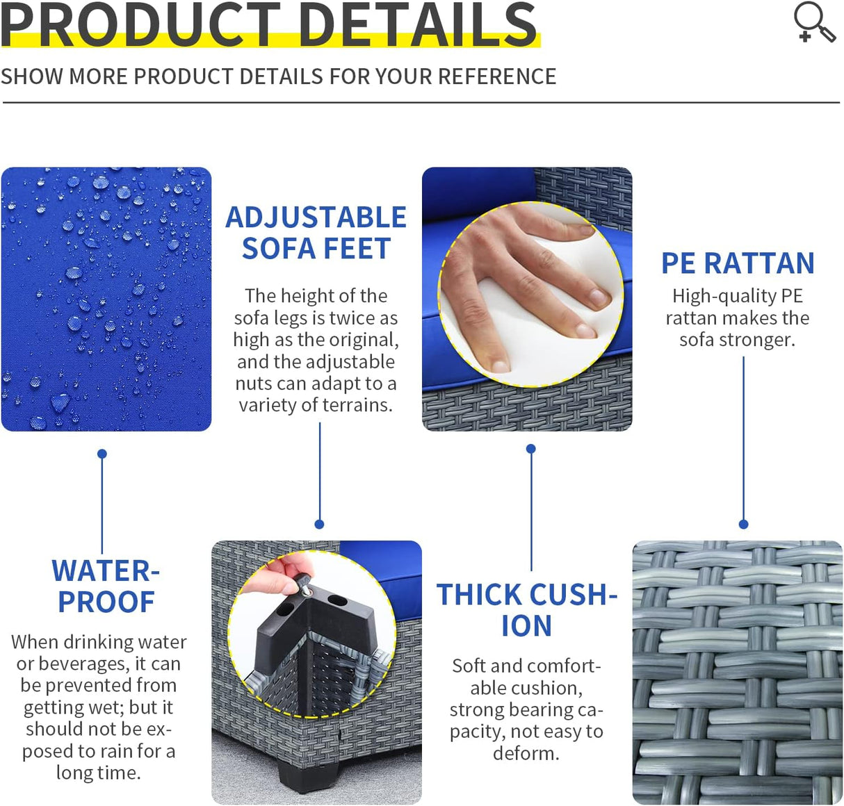 Lviden Juego de muebles de mimbre para patio de 4 piezas, juego de conversación al aire libre, sofá seccional de ratán de polietileno con mesa de almacenamiento y cojines azul rey