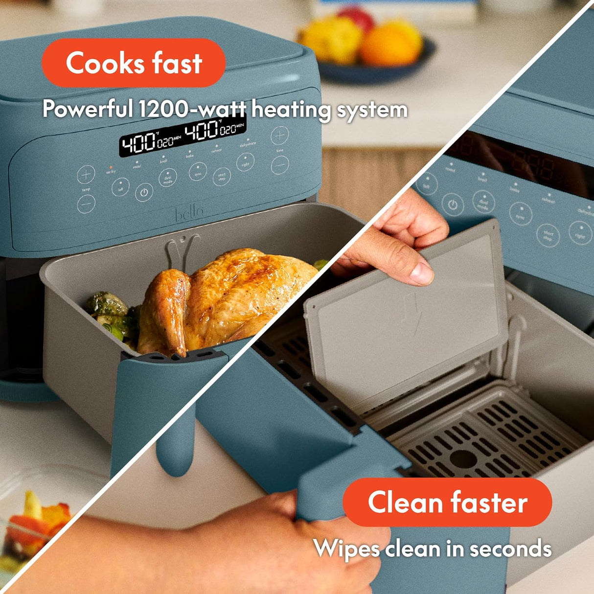 Freidora de aire Bella 4 Qt, 1200W, 2 canastas, TriZone