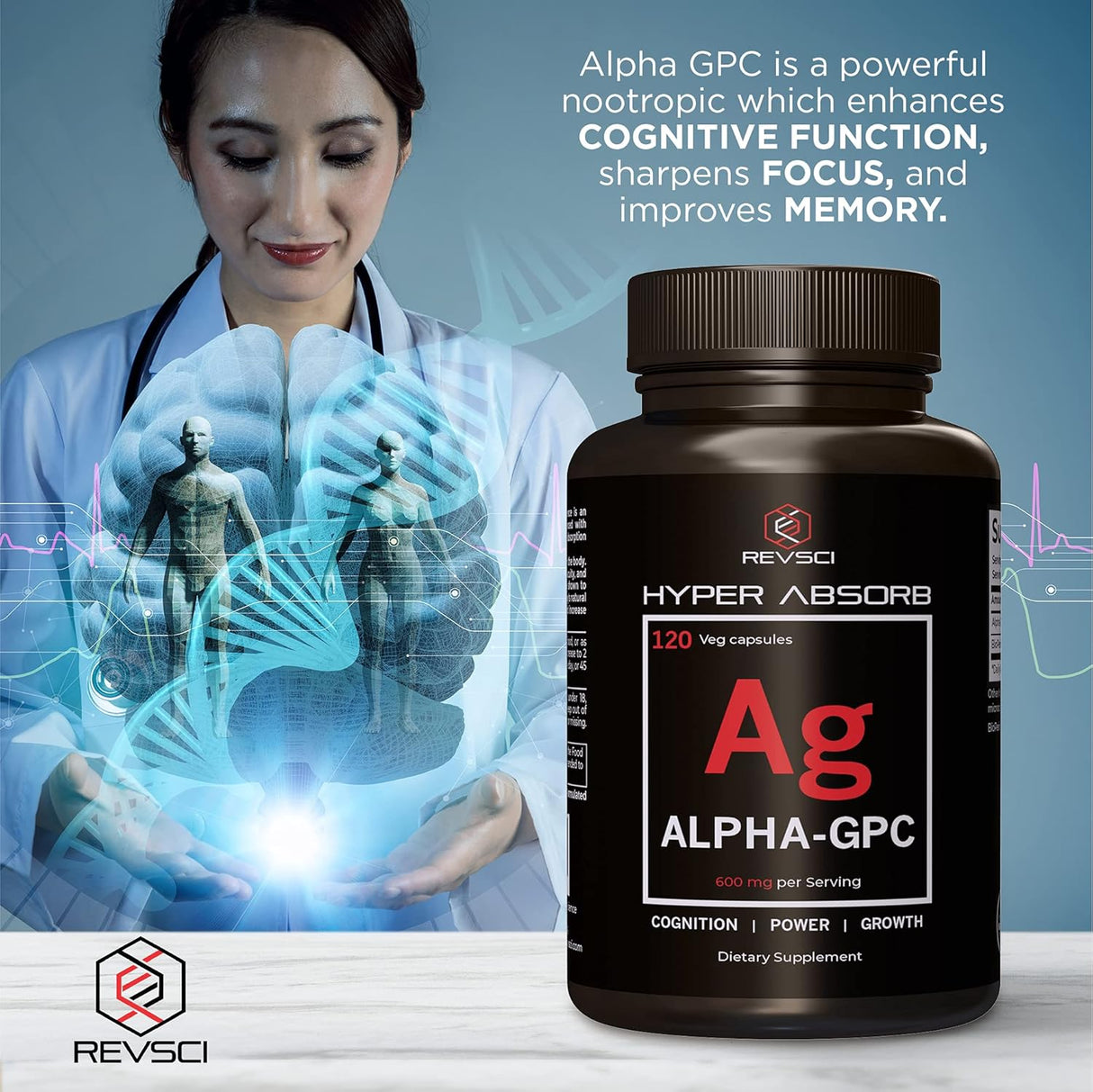 Suplemento Alpha GPC + BioPerine, 600mg, Nootrópico para Memoria