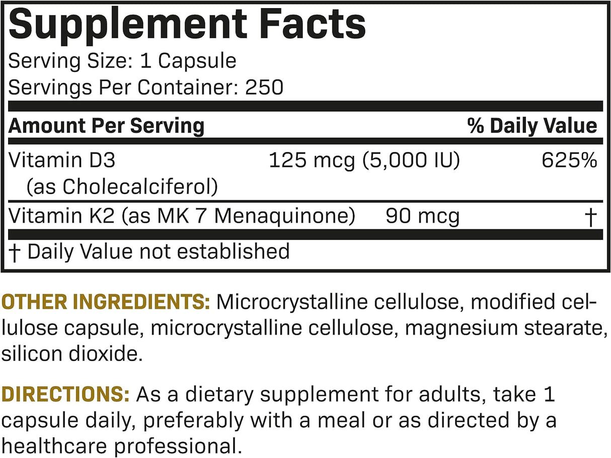 Vitamina K2 (MK7) con D3 - Fórmula sin OMG, 250 cápsulas vegetarianas