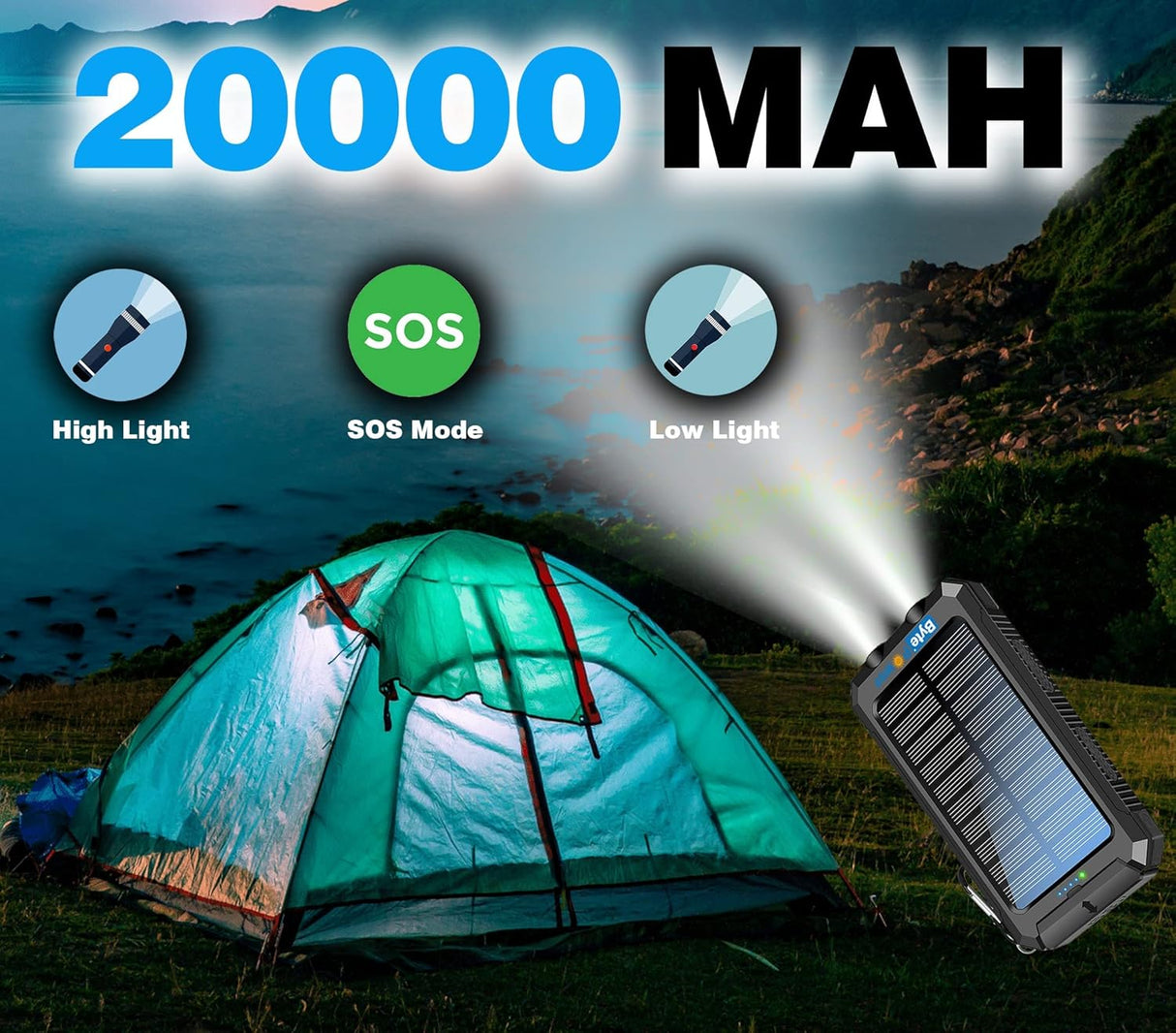 Cargador solar 20000mAh portátil con brújula negro