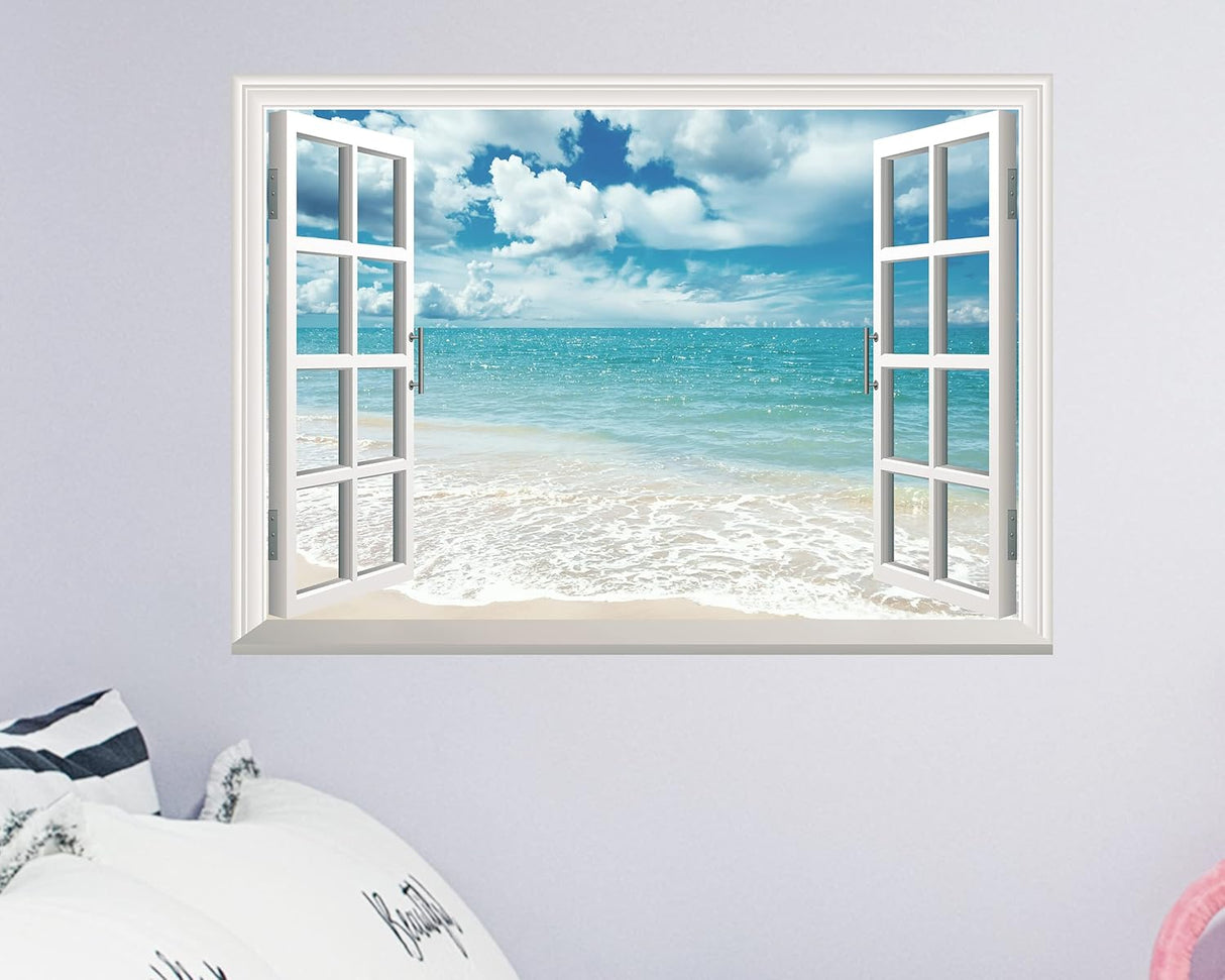 Adhesivo de pared falso para ventana, mural playa de verano para decoración de pared, calcomanías de pared para pegar y despegar, 16 x 24 pulgadas