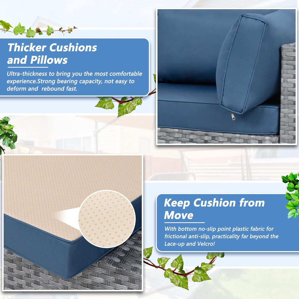 Shintenchi Sofá modular de 5 piezas para patio al aire libre, juegos de muebles de mimbre de polietileno gris plateado con cojines lavables y mesa auxiliar de cristal para jardín, piscina, patio trasero (azul egeo)