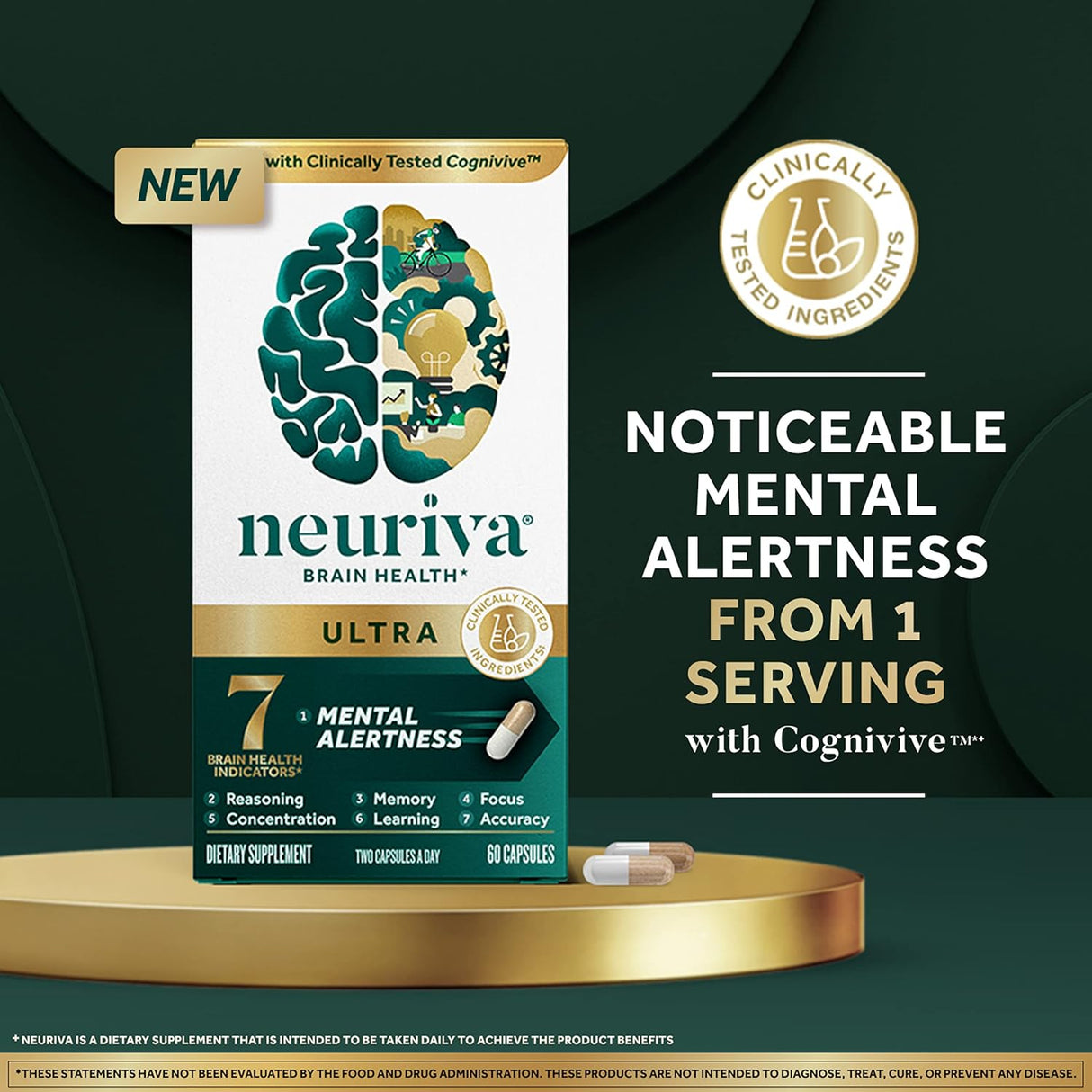 NEURIVA Ultra Decaffeinated Nootropic Brain Supplement, 60 Capsules