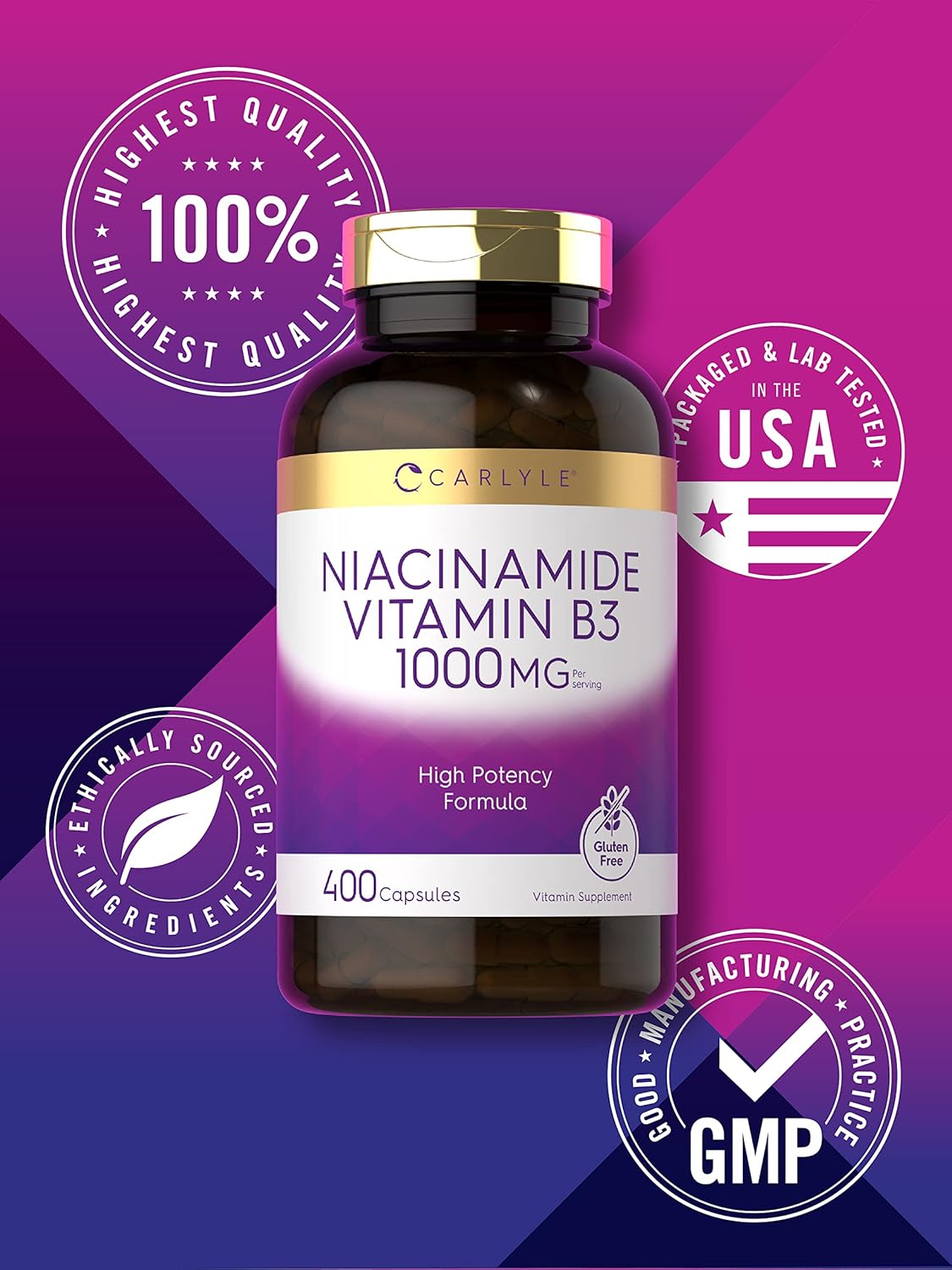Suplemento Niacinamida Vitamina B3 1000 mg 400 cápsulas