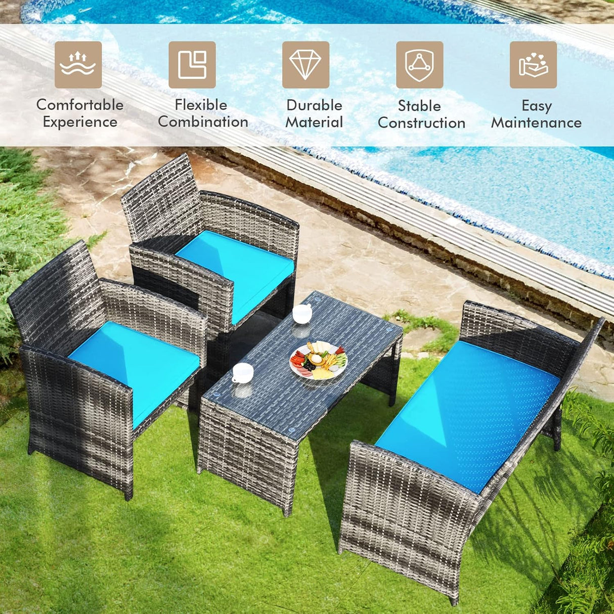 Goplus Juego de muebles de ratán de 4 piezas, sofá de conversación de mimbre para exteriores con cojines resistentes a la intemperie y mesa de vidrio templado para césped, patio, piscina, jardín (turquesa)