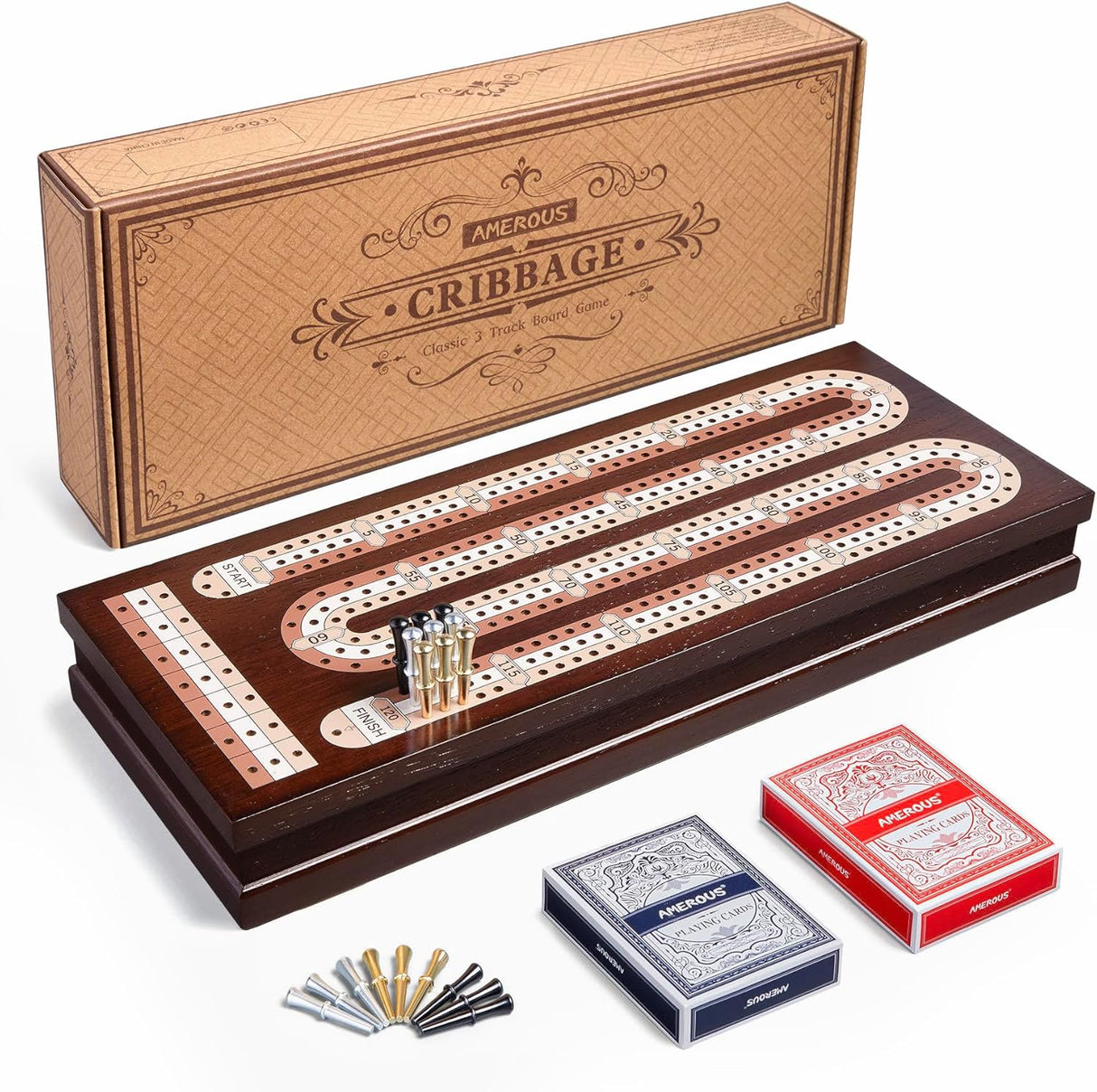 Juego de Cribbage AMEROUS con 9 Puntos y 2 Barajas, 3 Pistas
