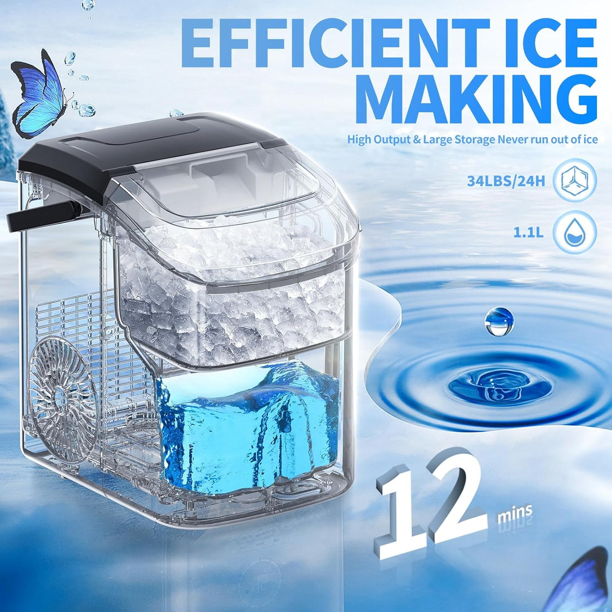 Máquina de Hielo Nugget, 34Lbs/24H, Automática, Portable