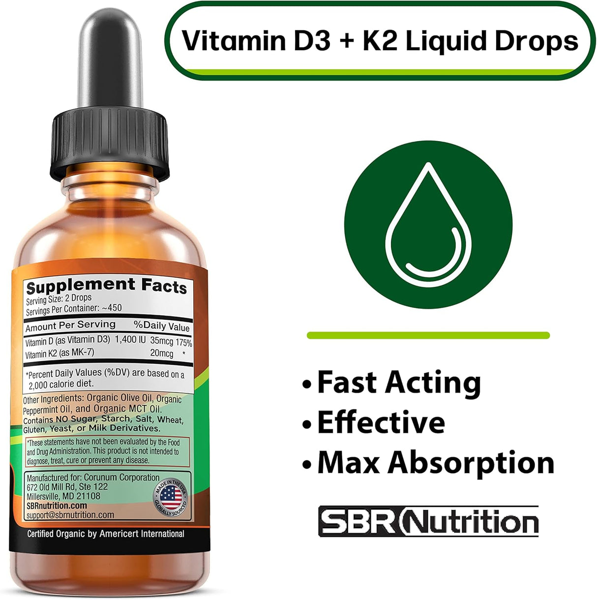 Suplemento de Vitamina D3 + K2 Líquido, MCT, Menta, Soporte Óseo