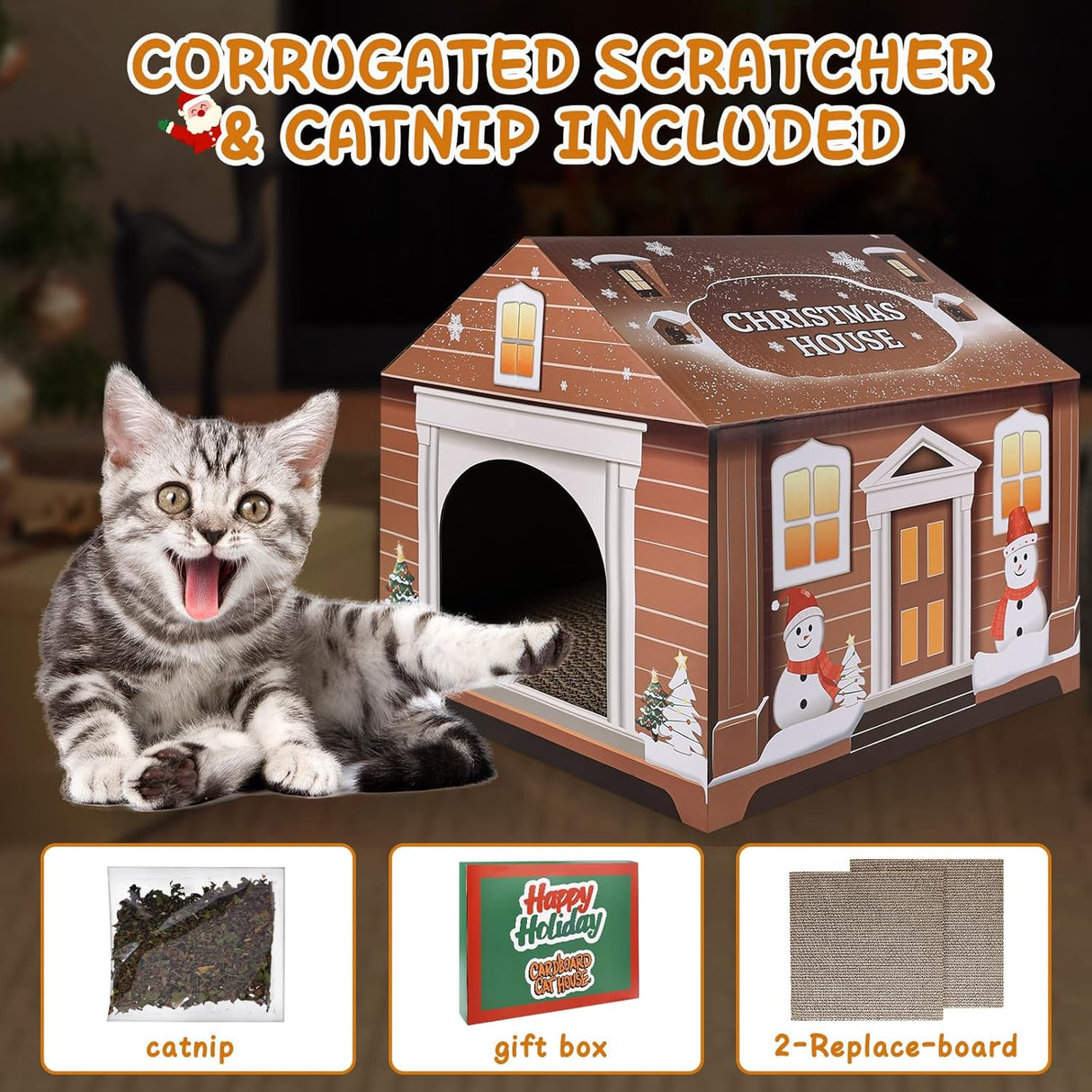 Casa de Cartón para Gatos, incluye Rascador y Catnip, 14x14x13