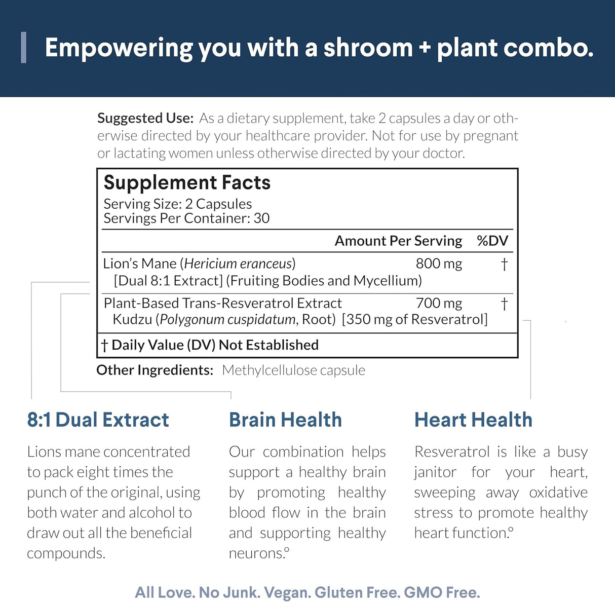Suplemento resveratrol, 800 mg de extracto de melena de león