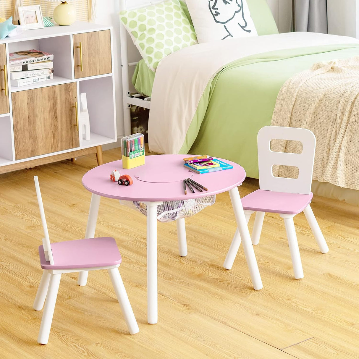 Mesa de actividades de madera con almacenamiento para niños