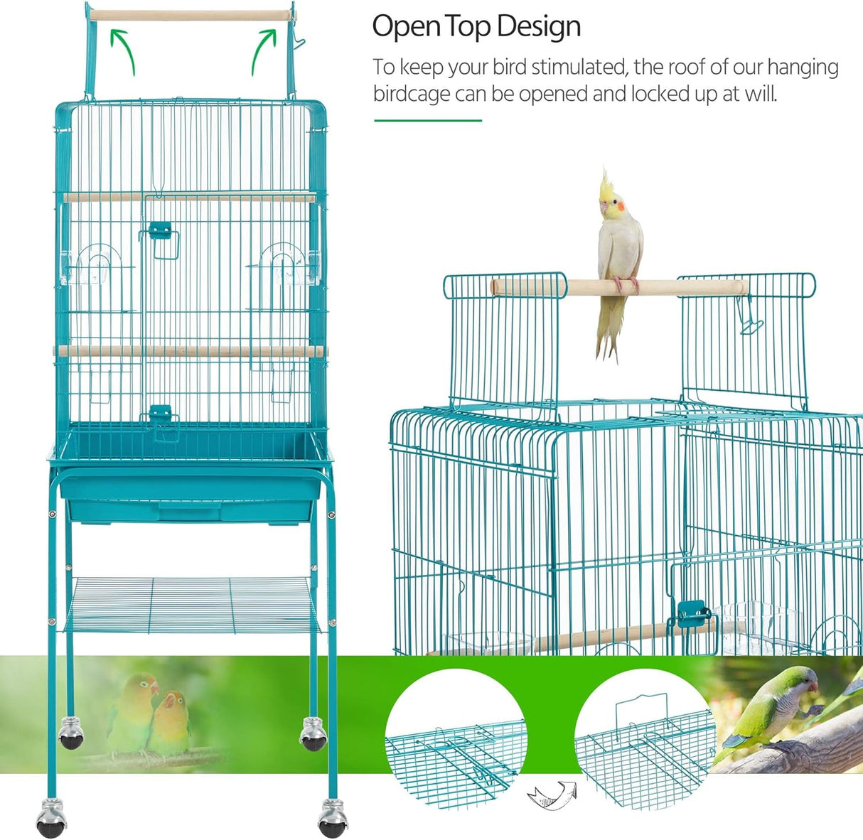 Jaula para pájaros con tapa abierta de hierro con perchas