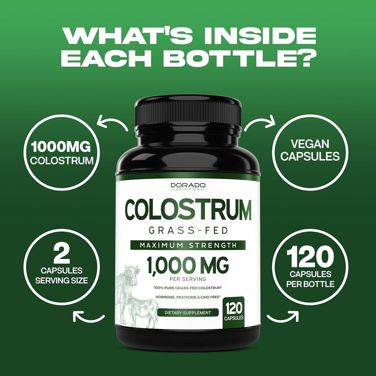 Suplemento de Calostro 1000mg - Vegano, Gluten Free, USA