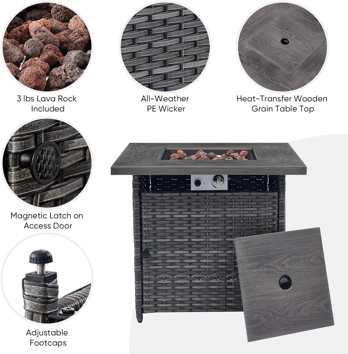 Belord Juego de muebles de patio al aire libre con mesa para fogata de propano, juego de conversación de mimbre de 7 piezas con 2 sillas giratorias mecedoras deslizantes, sofá de ratán, cojín gris,